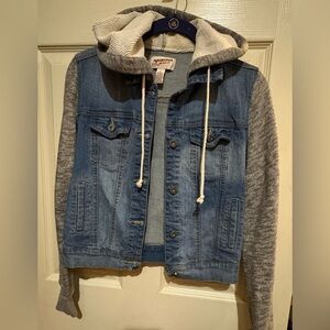 Arizona Jean Company Denim Jacket with Gray Knit Hood & Sleeves Sz SM